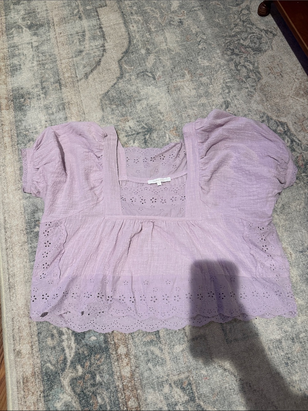 Olivaceous Lavender Eyelet Puff-Sleeve Cotton Top